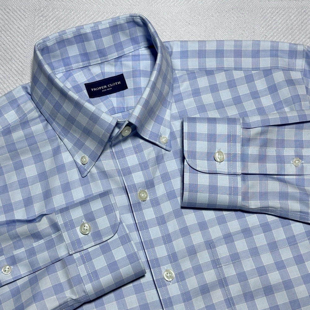 Proper Cloth Button Dress Shirt Mens‎ 15.6-32.6 Blue Gingham Check Plaid Stretch